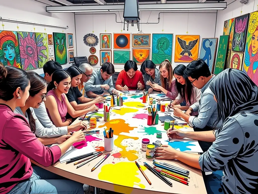 A vibrant art workshop in progress, with participants actively engaged in painting and sculpting, showcasing the hands-on learning experience offered by 26 LE HANGAR.