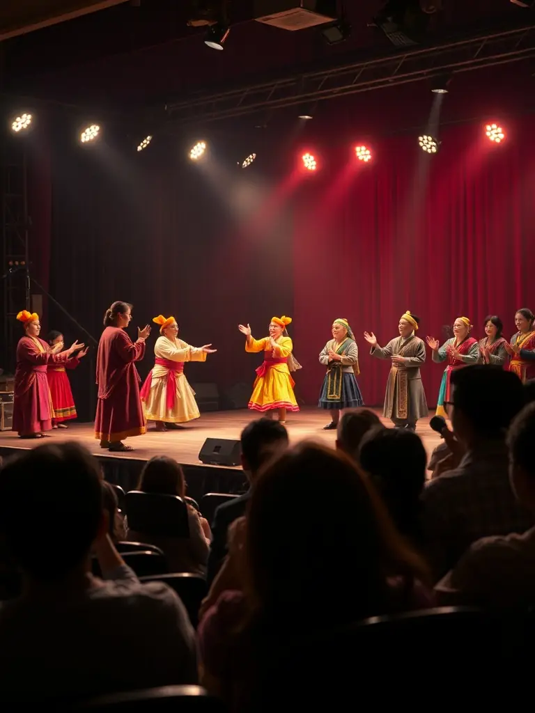 A lively stage performance with actors, musicians, and an engaged audience, capturing the essence of multidisciplinary artistic events at 26 LE HANGAR.
