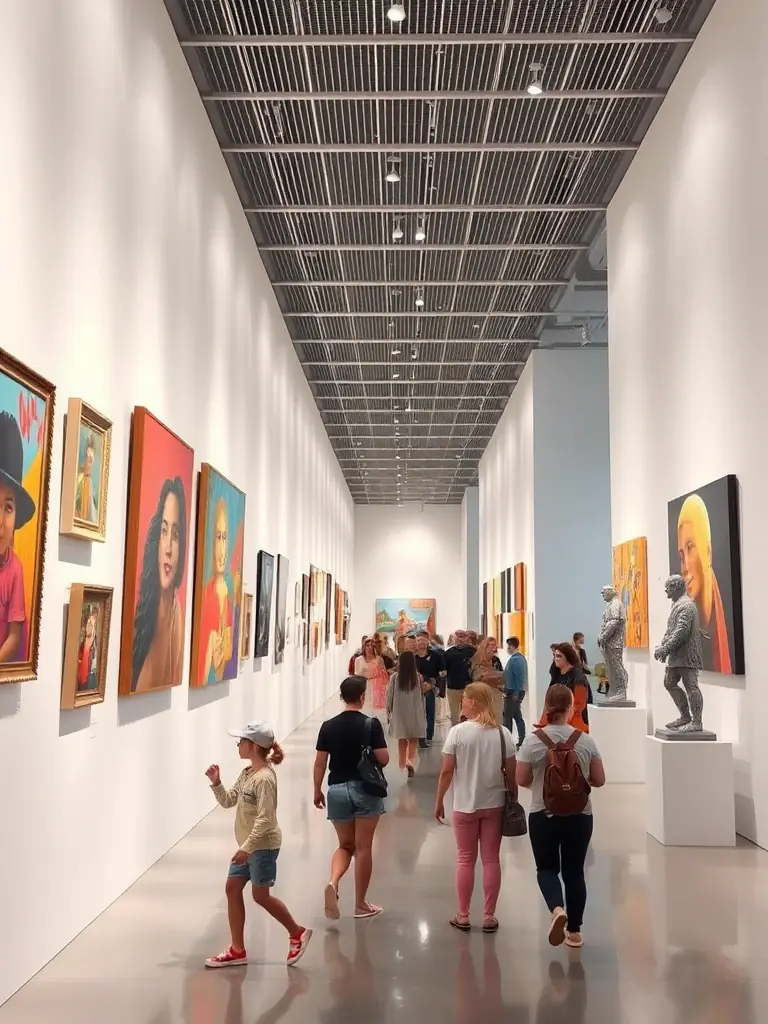 A vibrant art gallery at 26 LE HANGAR, featuring paintings, sculptures, and visitors admiring contemporary works under dynamic lighting, used to illustrate the exhibitions program.