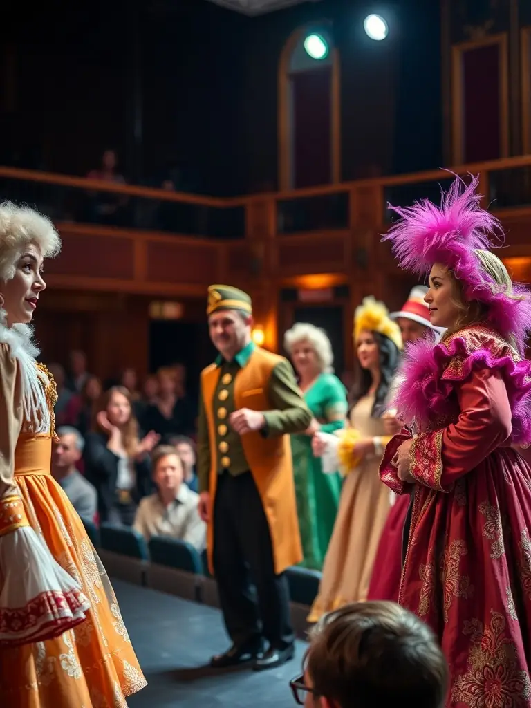 A photograph of a theatrical performance at 26 LE HANGAR, capturing actors on stage and an attentive audience, illustrating the organization's dedication to theatrical arts.