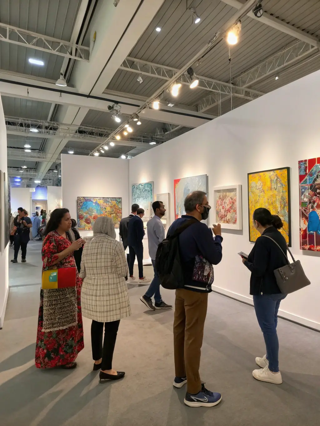 A photograph of a recent contemporary art exhibition at 26 LE HANGAR, featuring diverse artworks and attendees appreciating the display, highlighting the organization's role in promoting contemporary art.