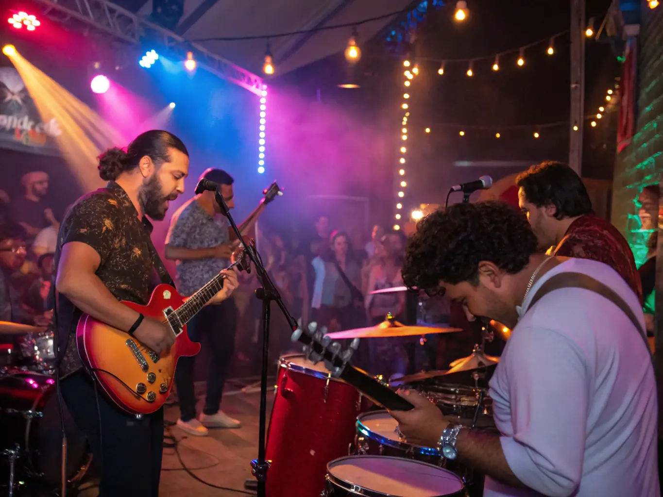A dynamic image of a live musical performance at 26 LE HANGAR, with musicians passionately playing their instruments and an engaged audience enjoying the show.