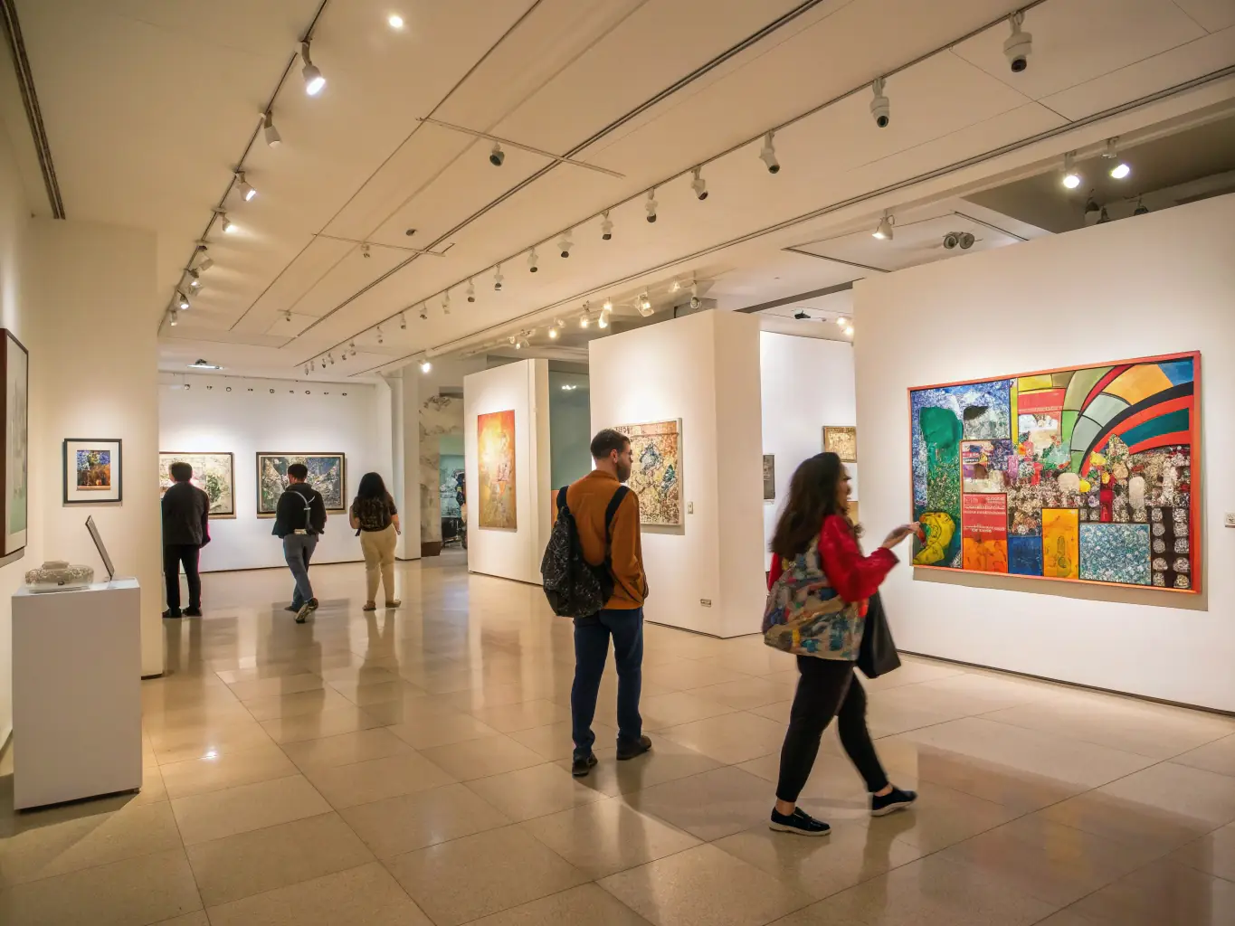 A vibrant photograph capturing the opening night of a contemporary art exhibition at 26 LE HANGAR, showcasing diverse artworks and enthusiastic attendees.