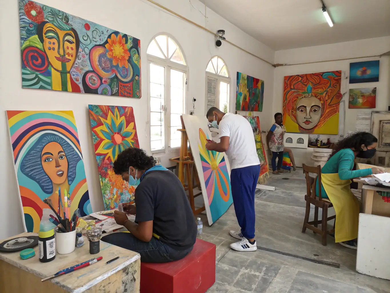 A dynamic image of participants actively engaged in an art workshop at 26 LE HANGAR, learning new techniques and expressing their creativity.