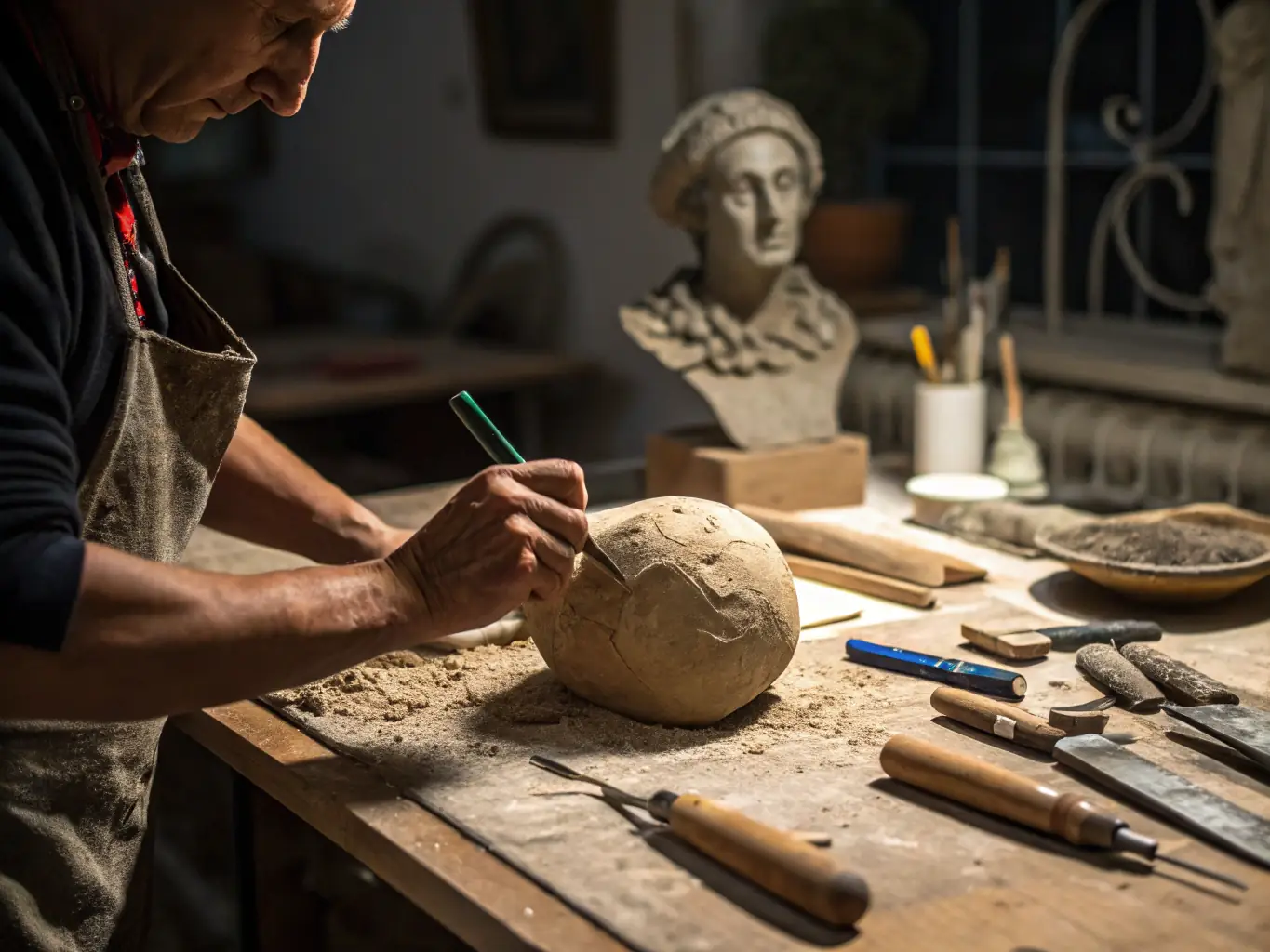 A photograph capturing a sculptor meticulously working on a clay sculpture in a sunlit studio, showcasing the dedication and craftsmanship involved in the art form.