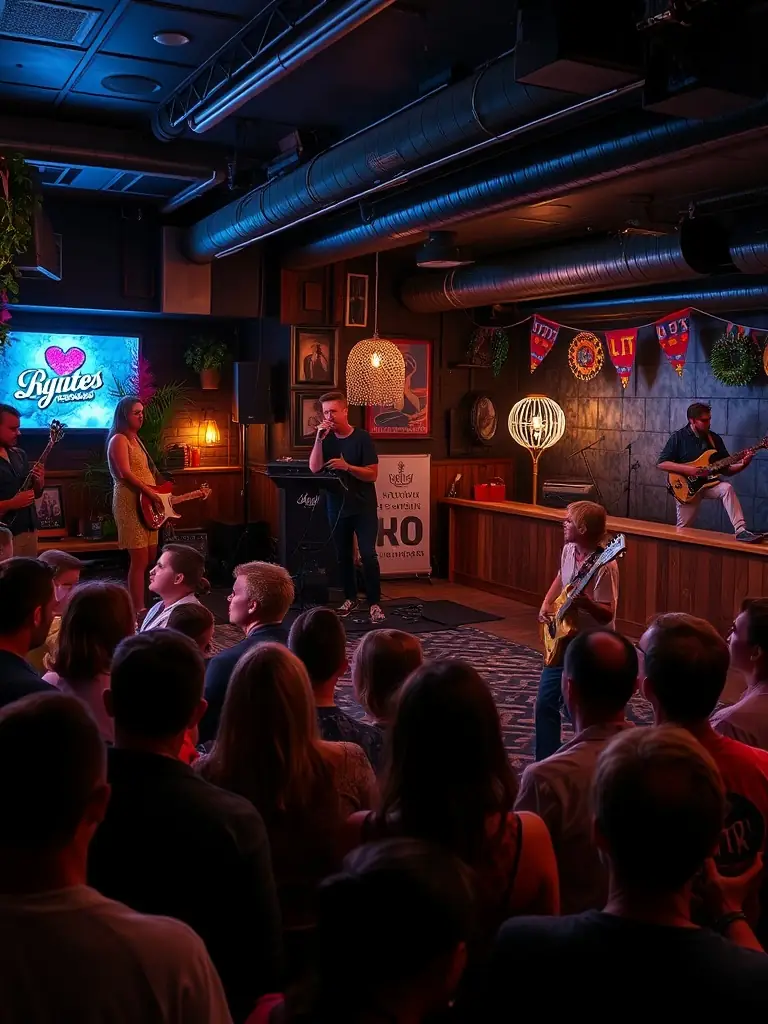 A photograph of a live music performance at 26 LE HANGAR, with musicians on stage and an enthusiastic audience, demonstrating the organization's support for performing arts.