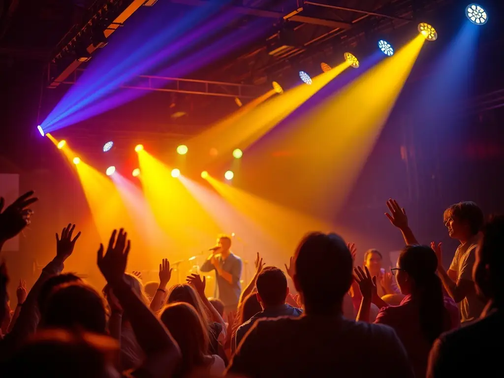 A photograph capturing the energy of a live music performance at 26 LE HANGAR, highlighting the organization's commitment to showcasing diverse artistic disciplines.