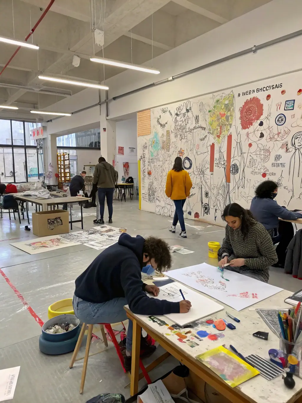 A group of artists and participants in a creative workshop, surrounded by art supplies and collaborative energy, representing the educational workshops program.